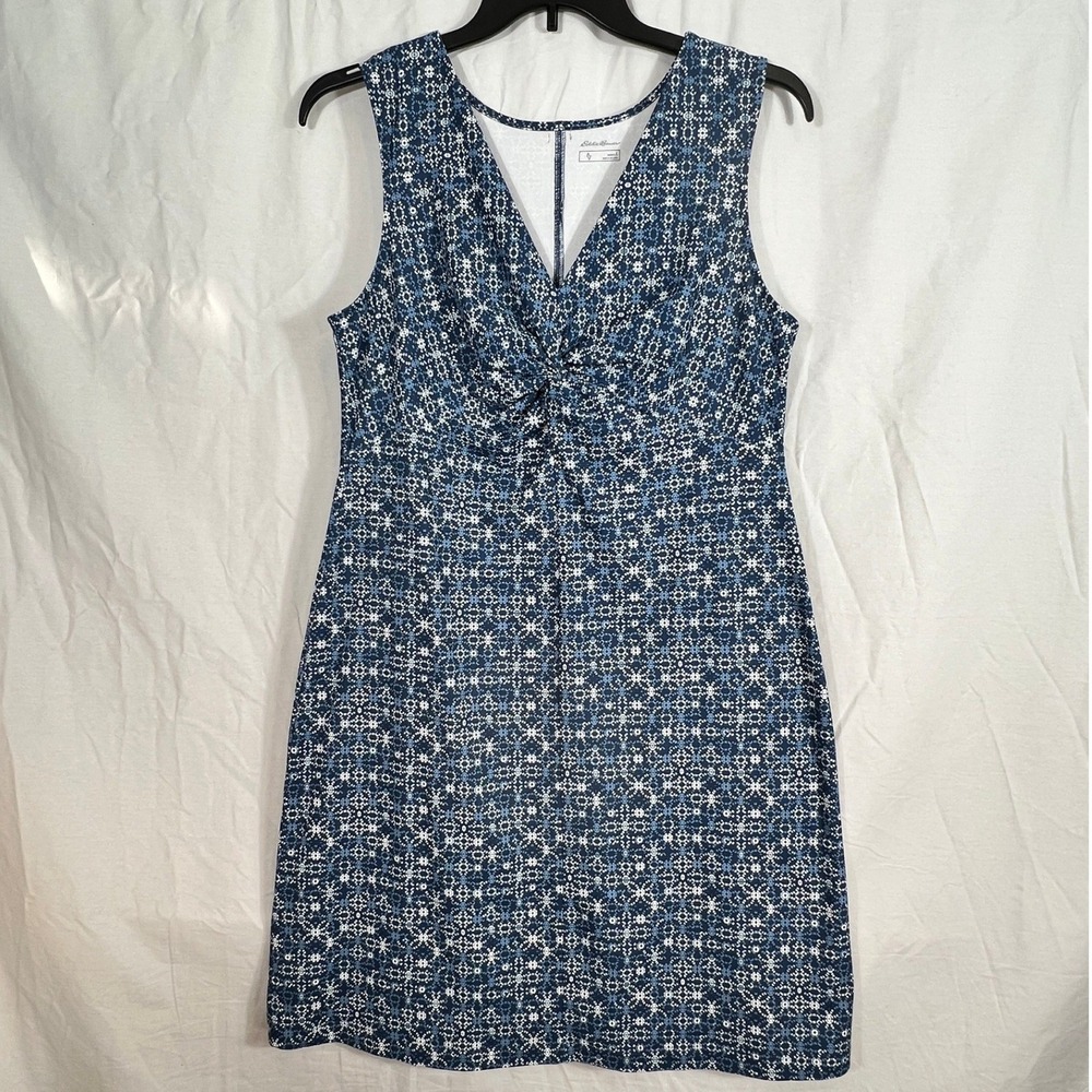 Eddie Bauer Dress L Blue Geometric Print Knit Twist Neck Sleeveless Knee‎ Length